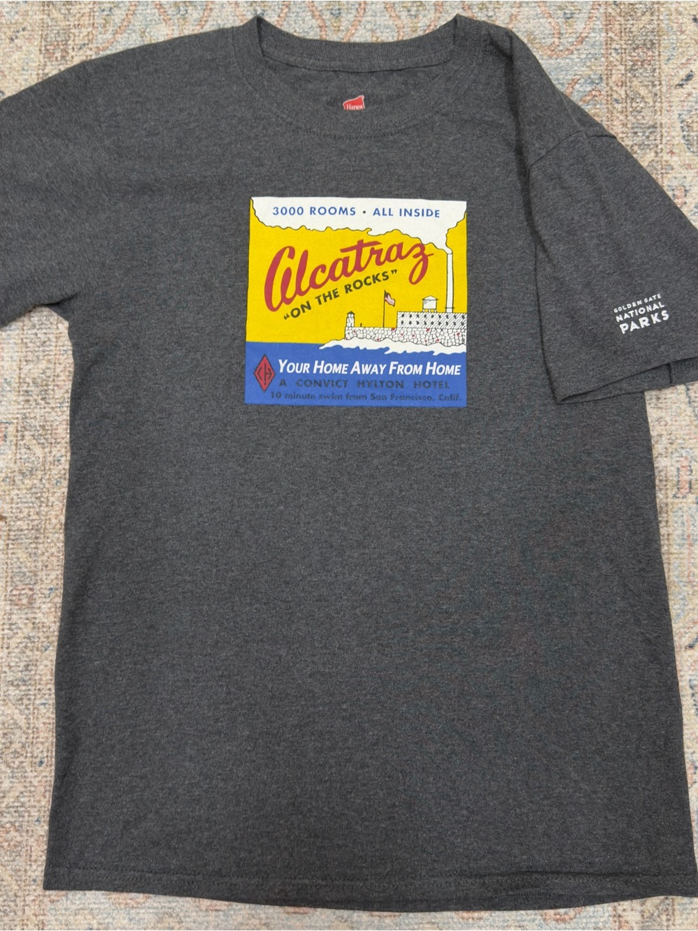 Hanes Dark Gray Alcatraz Gold. Gate National Park Graphic Short Sleeve Tee SM